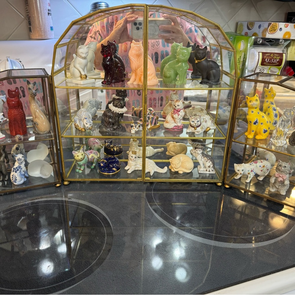 Franklin Mint - large middle glass case with 15 high end cat figurines. 1 of 2